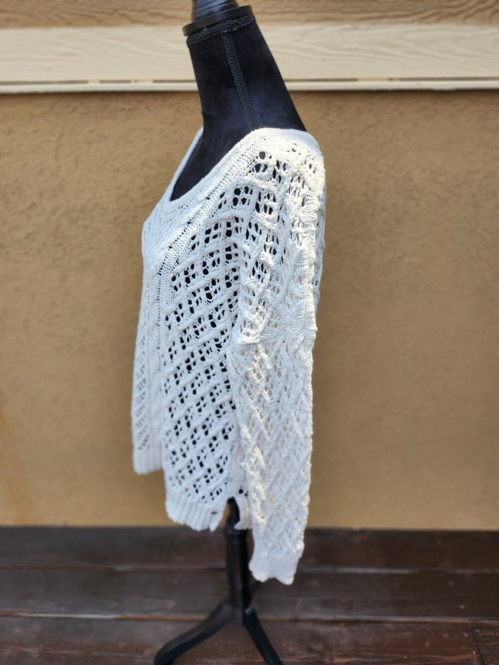 American Eagle Ivory Open Knit Cable Crochet Sweater Size M‎ 100% Cotton - Picture 4 of 10